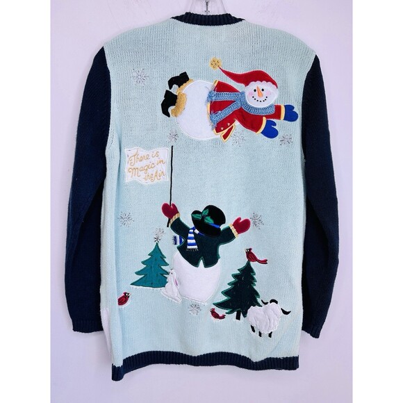 Quacker Factory Cardigan Sweater Snowmen Christmas Small Hidden Button 1990s - Picture 6 of 8